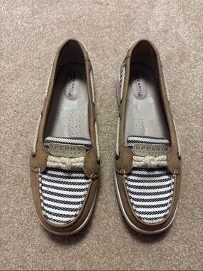 Sperry Top-Sider Tan Leather & Navy Striped Canvas Loafers Women’s Size 7.5
